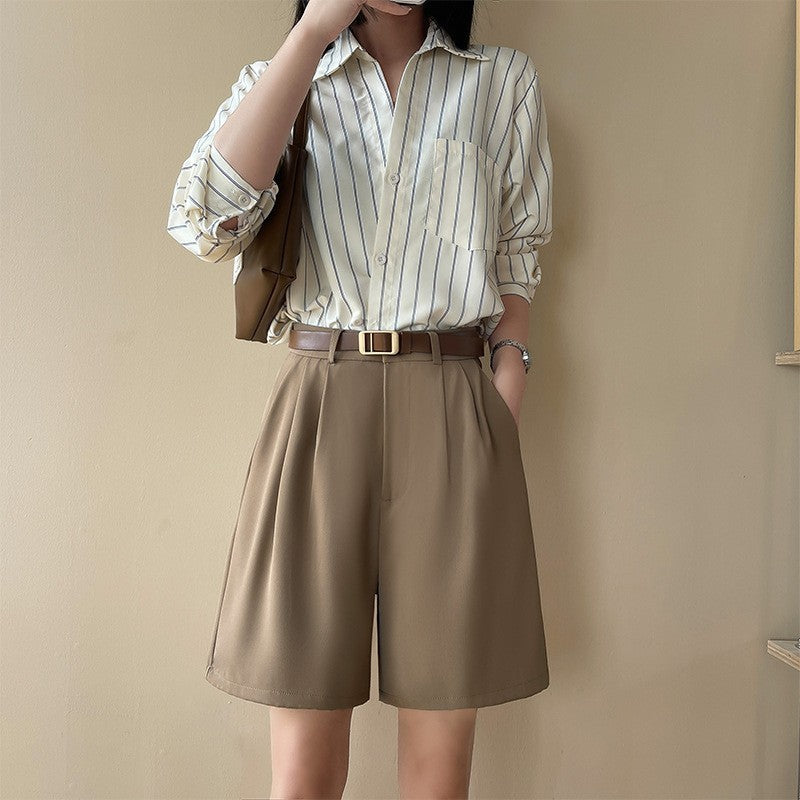 Women’s High-Waisted Wide-Leg Bermuda Shorts – Loose Fit Suit Shorts