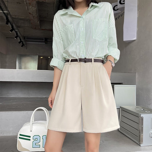 Women’s High-Waisted Wide-Leg Bermuda Shorts – Loose Fit Suit Shorts