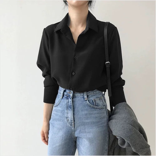 Women’s Black Chiffon Polo Collar Blouse – Loose Fit Long Sleeve Work Shirt