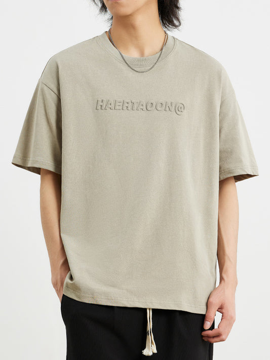Men’s 250g Heavyweight Cotton T-Shirt – Vintage Embossed Letter Oversized Tee