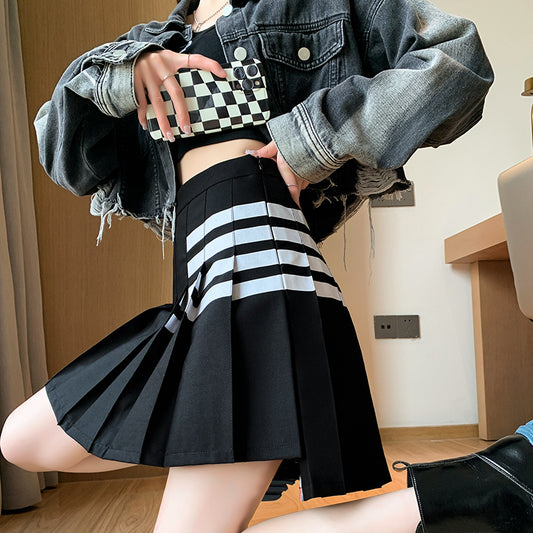 Preppy Four-Bar Pleated Mini Skirt with Built-In Safety Shorts